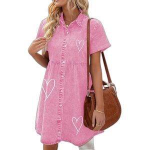 Pink Acid Wash Denim A-Line SS Babydoll Tiered Button Up Tunic Dress Size M